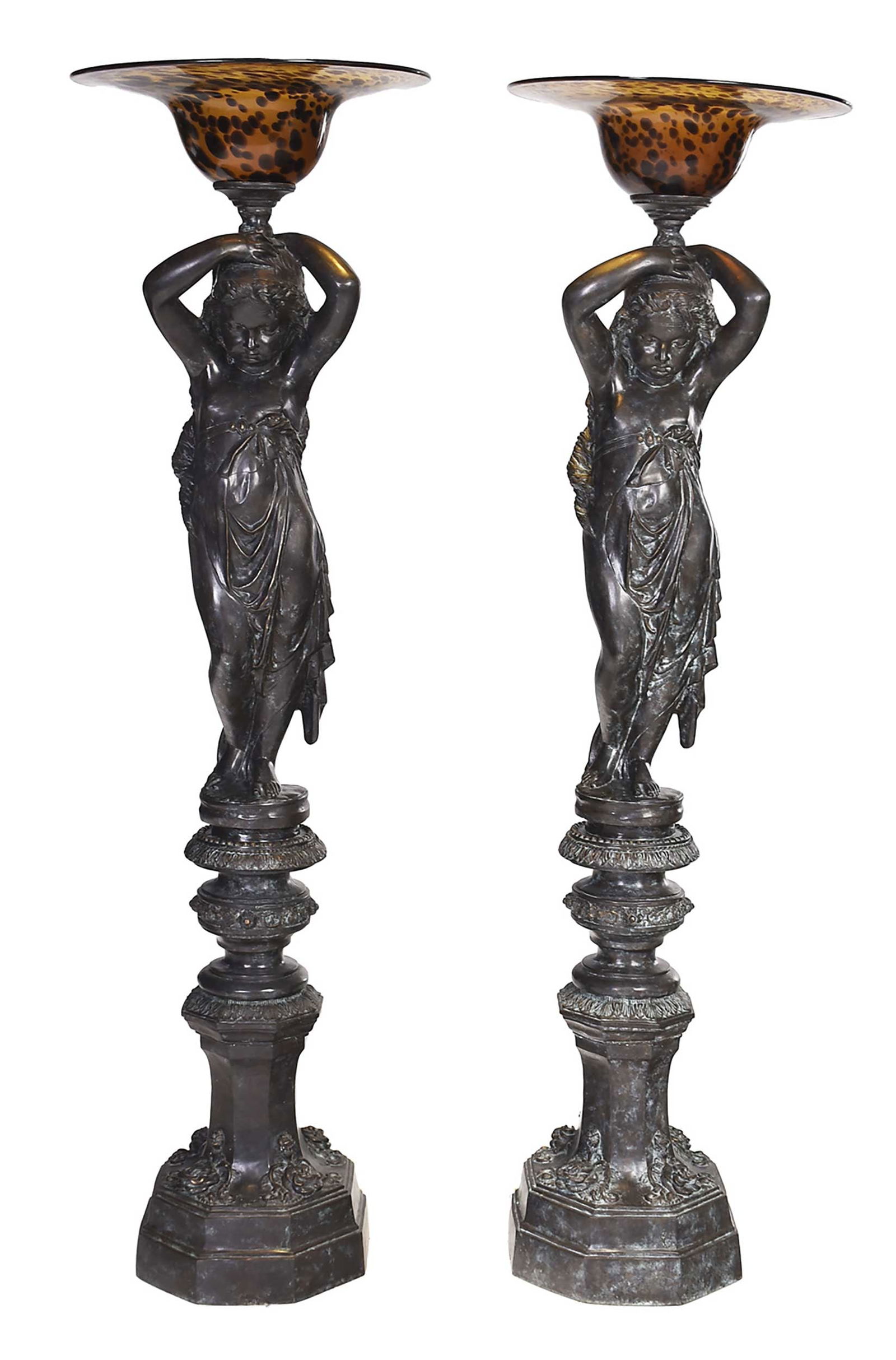 Monumental Pair of Patinated Bronze and Glass Figural Torchieres (1 of 12)