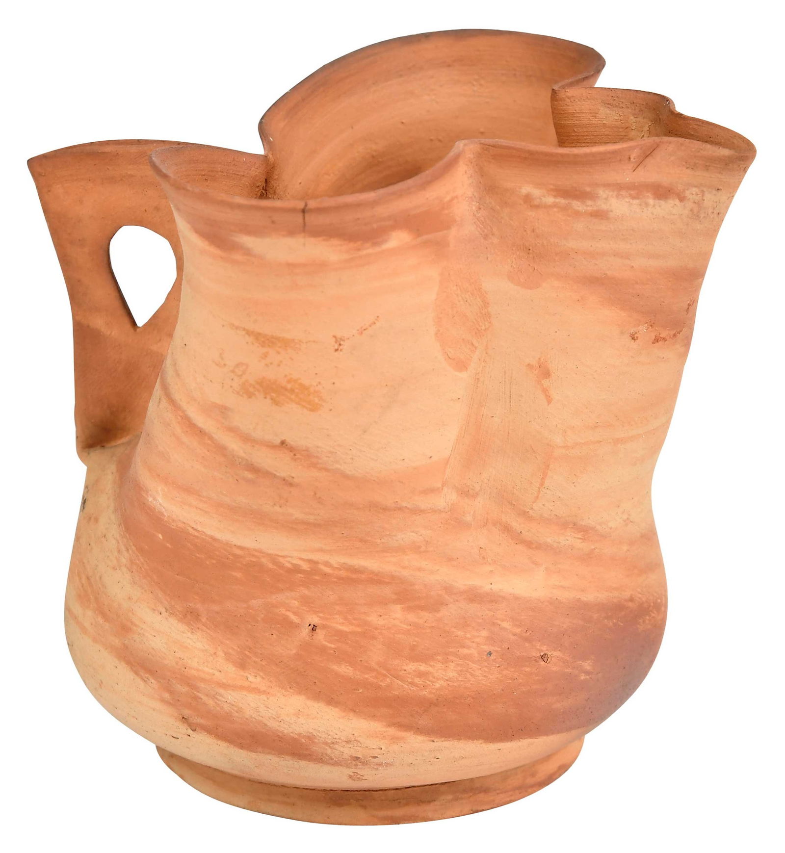 George Ohr: (Biloxi, Mississippi, 1857-1918) Crumpled Mug, signed on base "GE Ohr", unglazed ceramic, 4 x 4-5/8 x 4-1/8 in. Provenance: Private Collection, Hendersonville, North Carolina