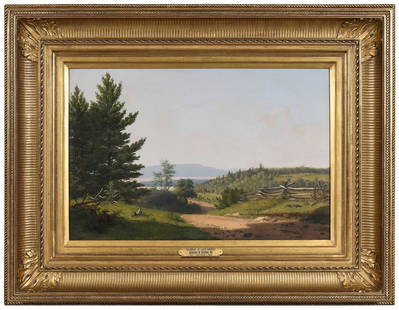 Sanford Robinson Gifford: (American, 1823-1880) Scenery Near Lake George, 1849, signed and dated lower right "S.R. Gifford 1849", oil on canvas, 20 x 30 in.; fine carved gilt wood frame, 33-3/4 x 43-1/2 in. Provenance: Questro