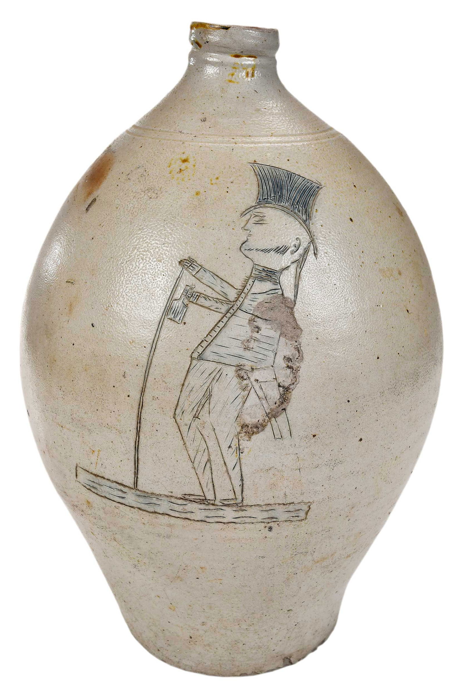 Early American Stoneware Jug with Incised Figural Decoration (1 of 12)