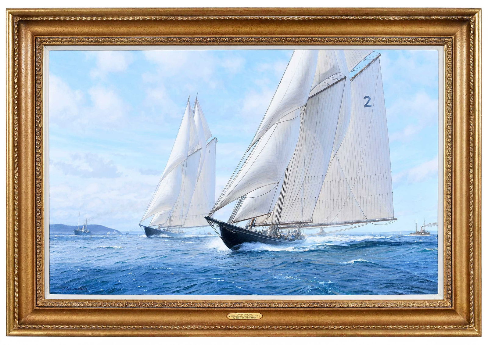 John Steven Dews, First Race, International Schooner Race: (British, born 1949) The Bluenose Racing Elsie, Hallifax Nova Scotia, 22nd October 1921, signed lower left "J. Steven Dews", inscribed with the title verso on stretcher, oil on canvas, 24-1/4 x 38-1/8