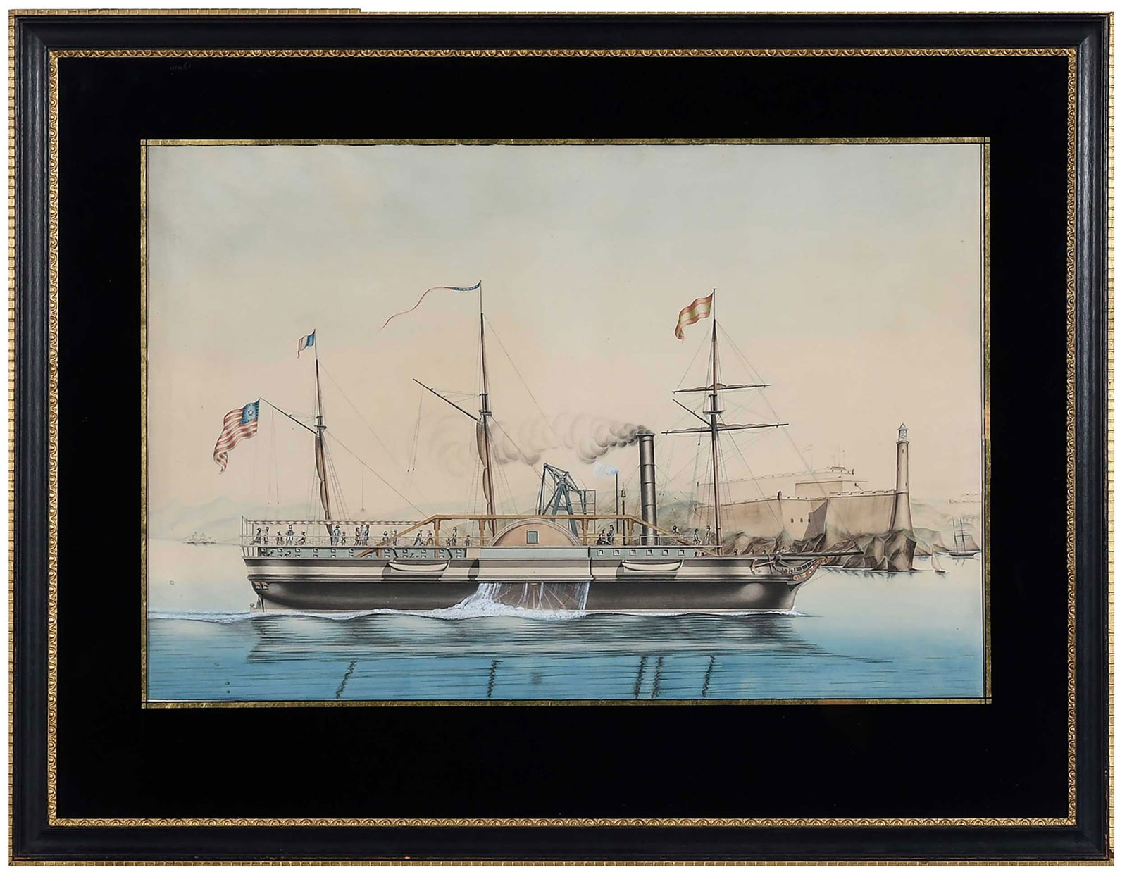 American School, The Steamboat Fulton: (American School, 19th century) The Sidewheel Steamboat Robert Fulton, unsigned, watercolor on paper, sight 17-1/4 x 26-1/4 in.; modern dark finished and gilt wood frame with eglomise mat, 26-3/4 x 34