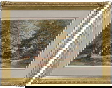 John Henry Hill: (American, 1839-1922) Fishing off the Bridge, signed lower right "J. Henry Hill", watercolor on heavy paper, 13 x 19-1/4 in.; fine reproduction carved gilt wood frame, 22-1/4 x 28-1/4 in.