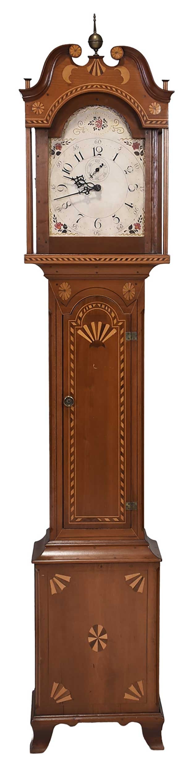 Rare New York Federal Inlaid Cherry Tall Case Clock: attributed to Joel Curtis, Cairo, New York, the case attributed to Henry Borst, Mineral Springs, New York, circa 1820 to 1830, elaborately inlaid cherry case, painted wood arched dial with seconds swe