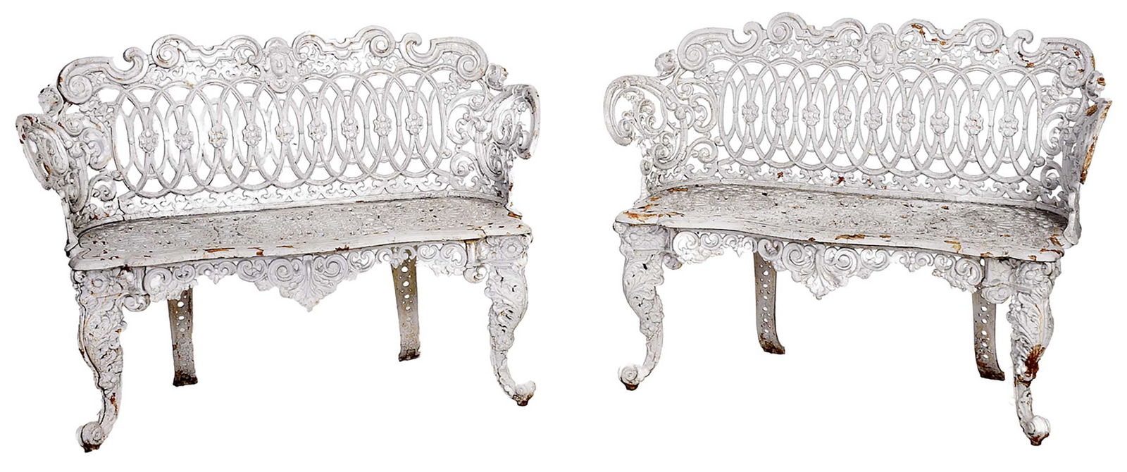 Pair of Renaissance Scroll Cast Iron Settees: American, 20th century, late Victorian style garden settees with white paint, applied skirt as made, unmarked, 33 x 44-1/2 x 14-1/4 in.
