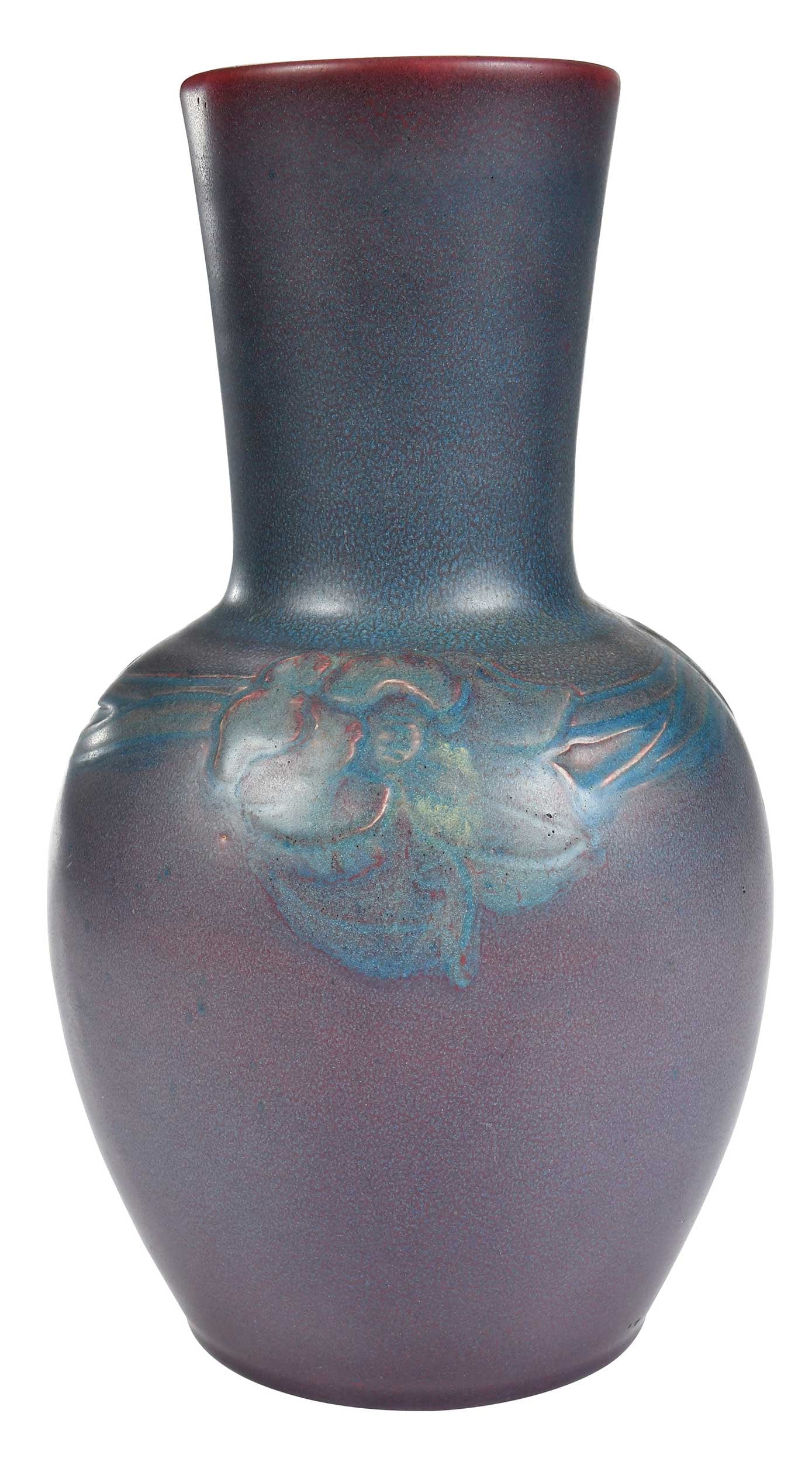 Large Charles S. Todd for Rookwood Pottery Vase: American, dated 1915, marked on base with Rookwood pottery mark and "XV/164/C.S.T.", purple and blue glaze, with molded floral decoration on shoulder, 13-3/4 x 8 in. Provenance: Private Coll