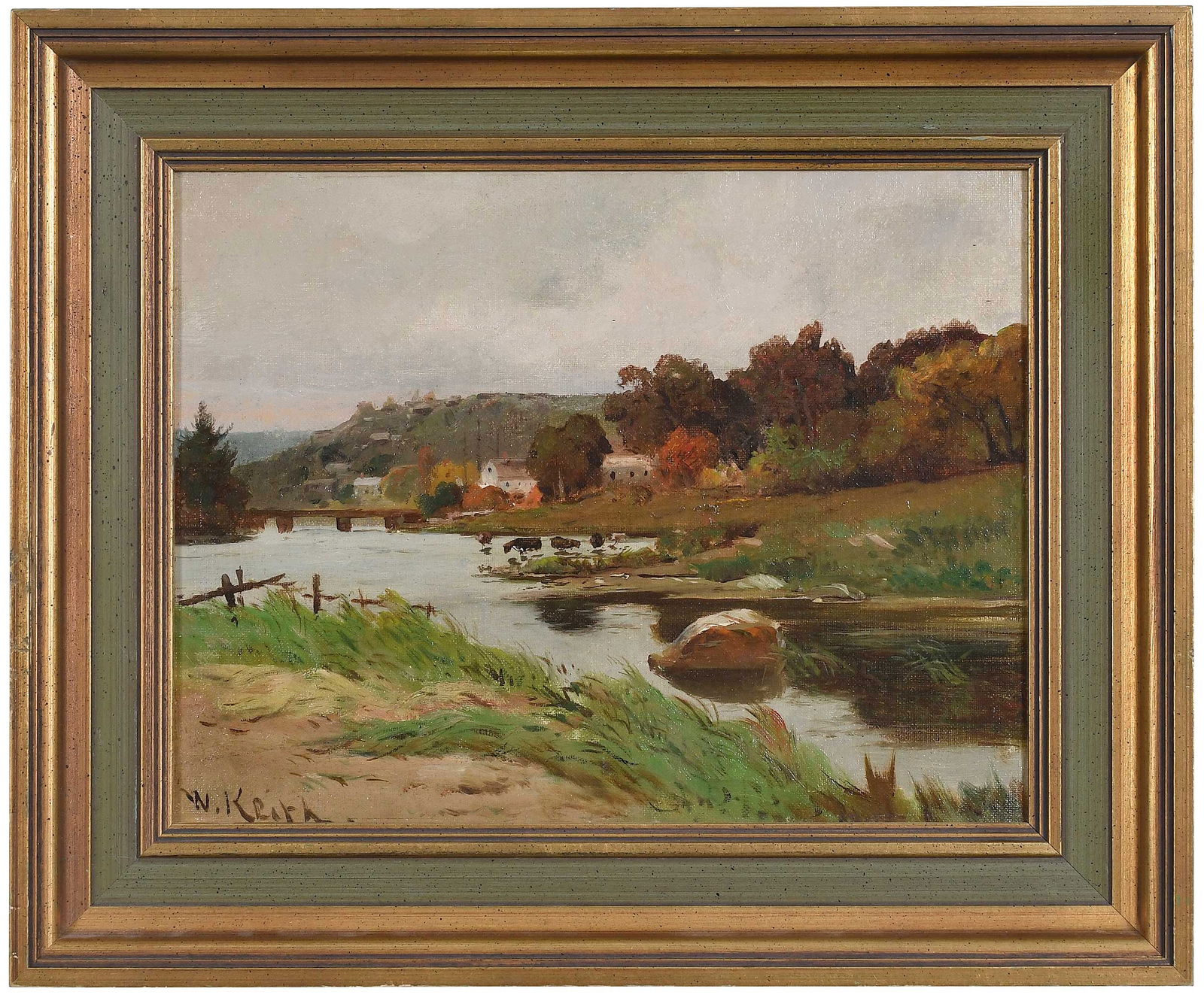 William Keith: (Scottish/American 1838-1911) The River's Edge, signed lower left "W. Keith", oil on canvas, 10-1/4 x 13-3/4 in.; gilt wood frame, 15 x 18 x 1-1/4 in. Provenance: Private Collection, Nashville, Tennes