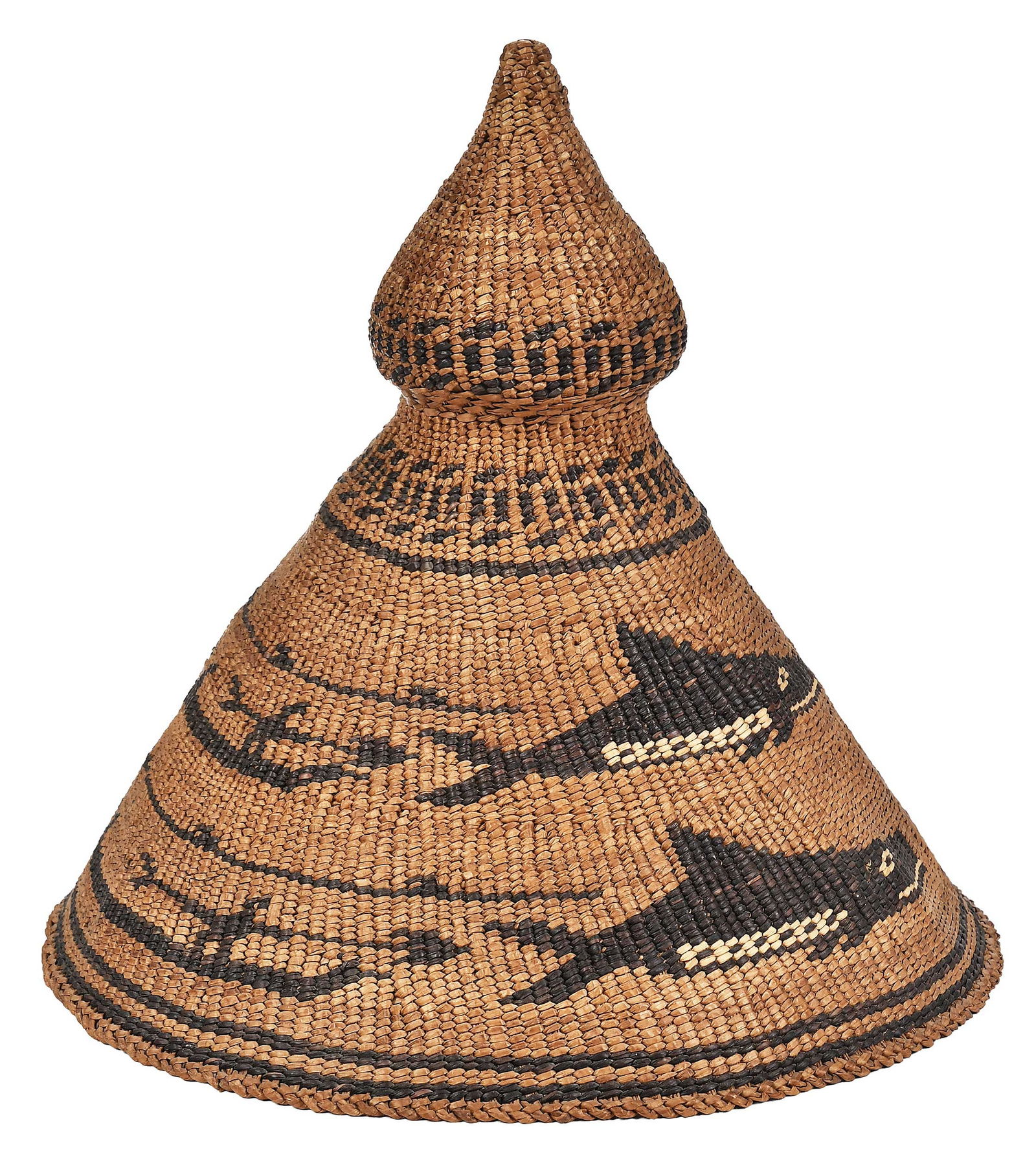 Nuu-chah-nulth Whaling Basketry Hat: late 19th/early 20th century, with typical onion-shape, “Maquinna-style” with polychrome whale and whaler motifs, interior braided cedar headband, bears old label with the name “Ceci