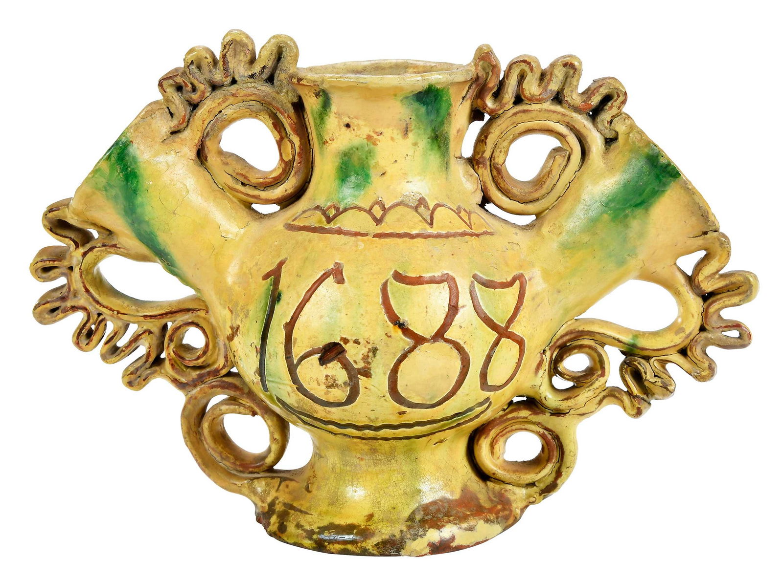 English Sgraffito Redware Tulipiere dated 1688: attributed to Sussex, possibly commemorating William and Mary, likely late 17th century, unique form featuring three compartments and scrolling openwork, slip decoration of a sun and flowers, the reve