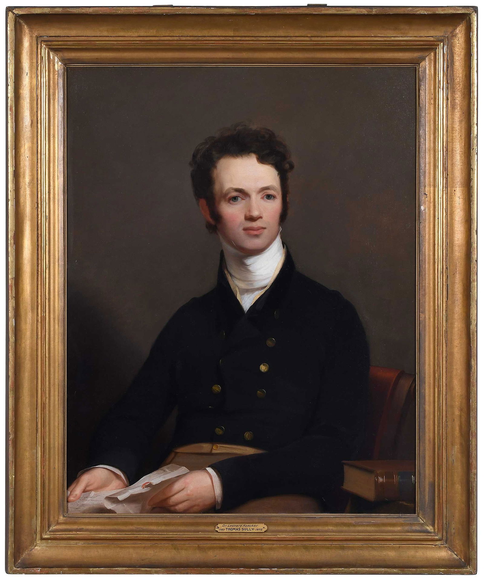 Thomas Sully: (English/America, 1783–1872) Dr. Leonard Koecker, M.D., D.D.S., 1818, oil on canvas, 35-3/8 x 27-3/4 in.; restored period carved gilt wood frame, 44 x 36-1/2 in. Provenance: The sitter; By descent i