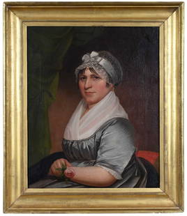 Jacob Eichholtz: (Pennsylvania, 1776-1842) Portrait of Mrs. Jacob Leman, Sister of the Artist, circa 1813, unsigned, oil on canvas, 29 x 24 in.; period carved gilt wood frame, 36 x 31 in. Provenance: Leman Family; Mis