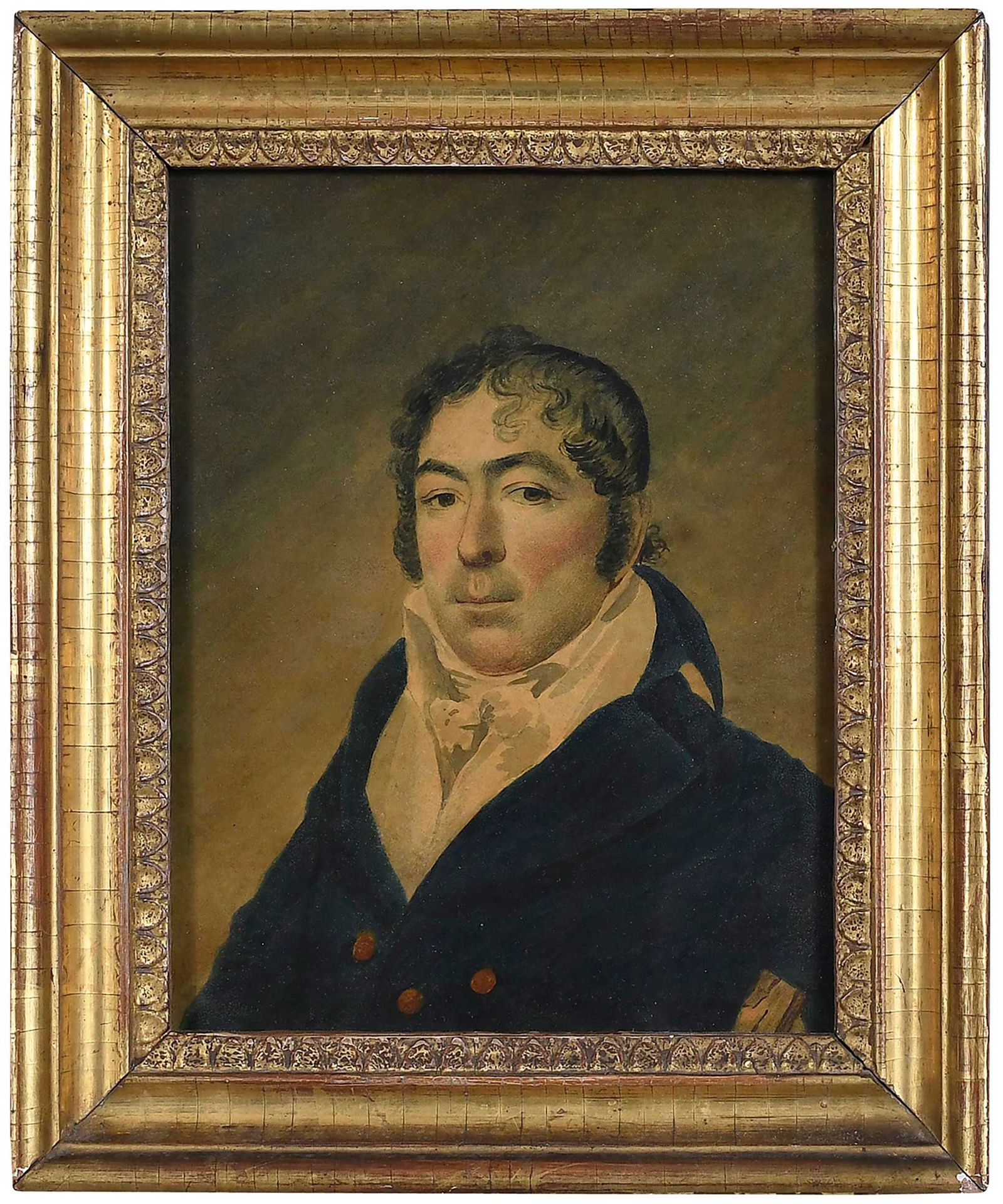 Attributed to John Rubens Smith, Portrait of Major George Prevost: (British/New York/Pennsylvania 1775-1849) circa 1810, unsigned, bears note remnant about the sitter on original wood backing, watercolor or tempera on card with glazed surface, 9 x 7 in., period gilt