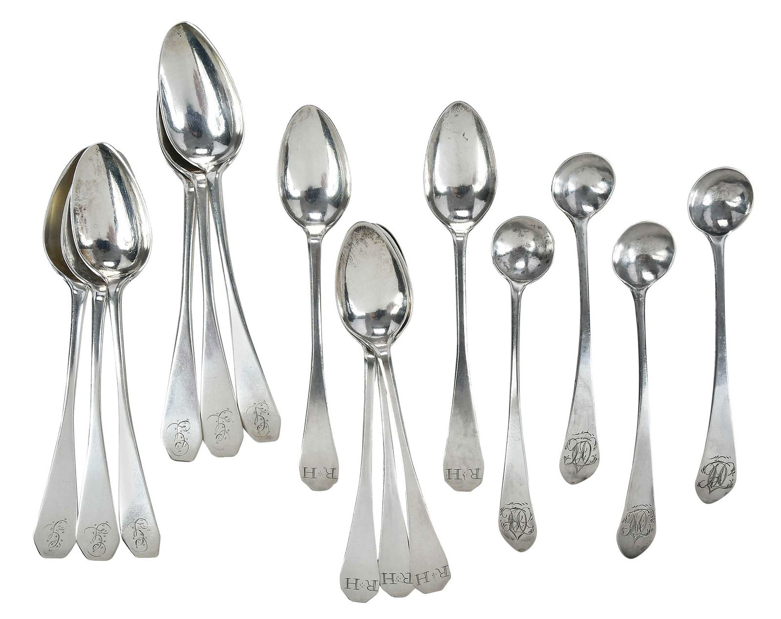 15 Early New Hampshire Coin Silver Spoons: late 18th/early 19th century including 11 with coffin handles, marks for John Ward Gilman (Exeter, working 1770-1823): six teaspoons with "G" monogram, 5-1/2 in. and five with "RH&