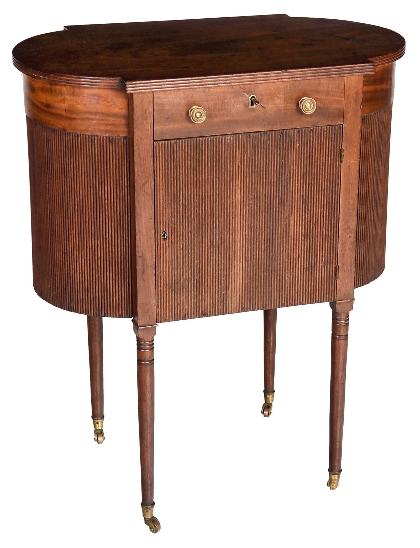 Fine Phyfe Attributed New York Federal Figured Mahogany Work Table: Attributed to the Shop of Duncan Phyfe, 1805-1810, hinged top opening to a compartmented interior over a false drawer and a central reeded door, on turned legs and brass casters, 29-1/2 x 25 x 15-1/4
