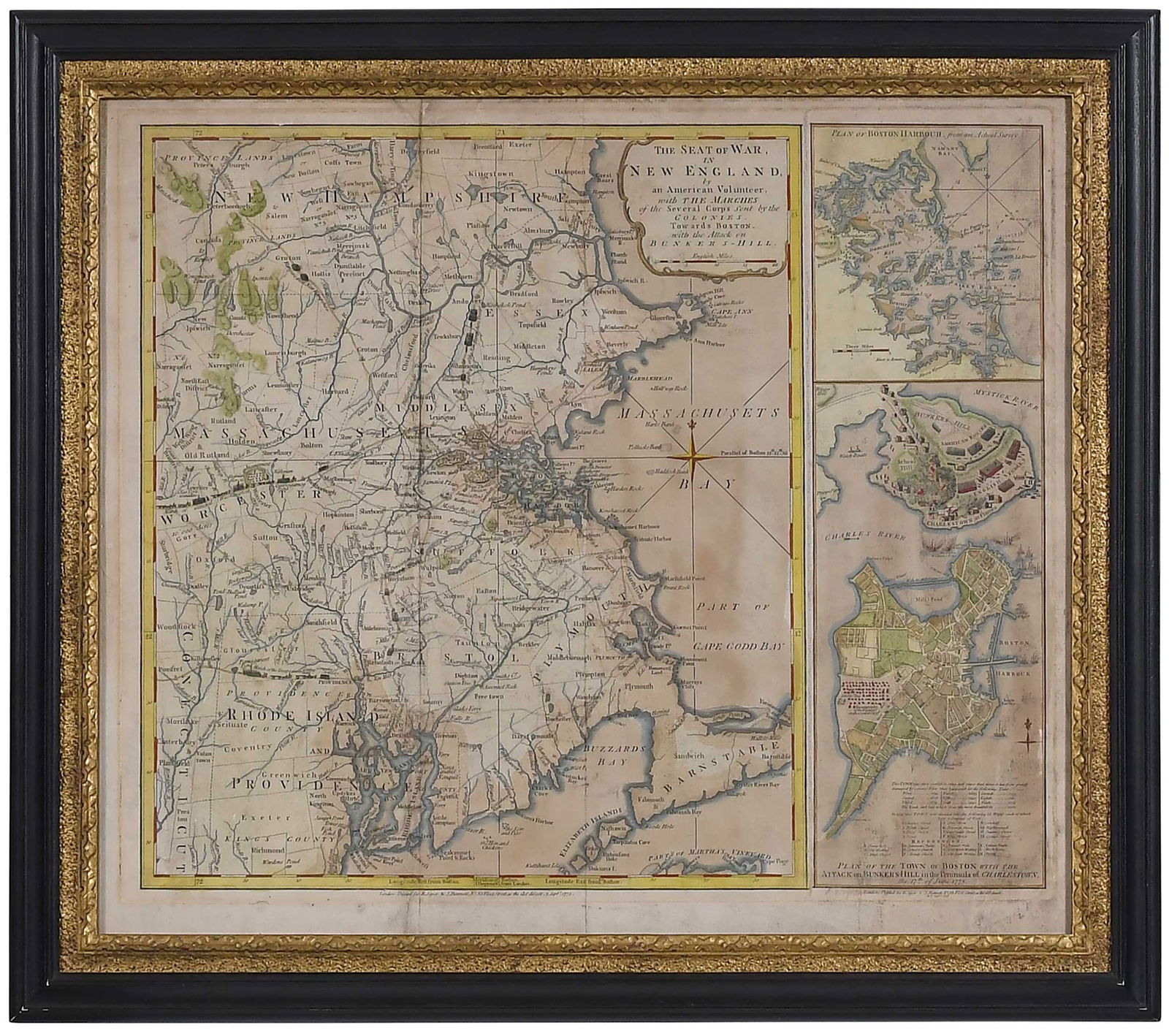 Very Rare Sayer & Bennett Battle of Bunker Hill Map: The Seat of War In New England by an American Volunteer..., published by Robert Sayer & John Bennett, London, 1775, engraving on laid paper with hand color, sheet 19-7/8 x 23 in., plate 18-3/8 x 21-5/
