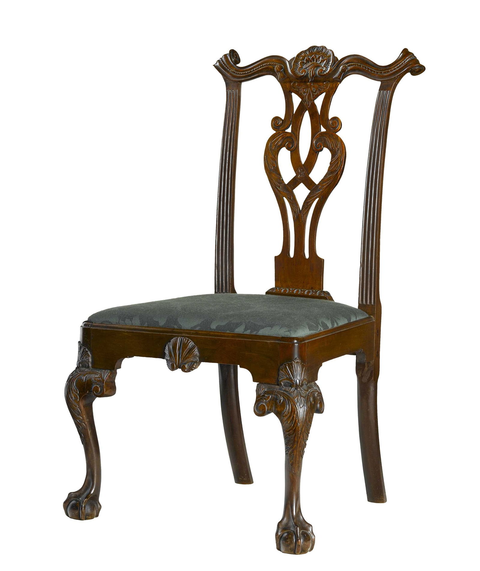 George Washington Associated Philadelphia Chippendale Mahogany Side Chair: 1755-1760, a robustly designed chair with boldly scrolled crest rail with rope and tassel carving, centering a carved cabochon, carved, incised, and stippled pierced splat flanked by fluted stiles, se