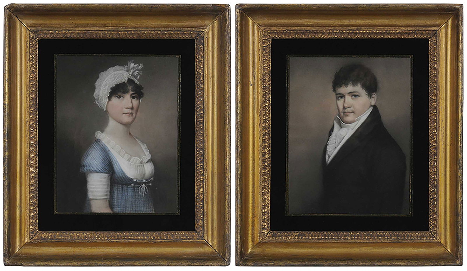 James Sharples: (New York/English, 1751-1811) A Pair of Portraits: A Man and A Woman, pastel on paper, 9-1/4 x 7-1/4 in.; matching original gilt wood frames, 15-1/2 x 13-1/2 in. Provenance: Sotheby’s New York, Janu