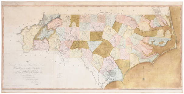 Exceptionally Rare Price-Strother Survey of North Carolina Map, c. 1808: Jonathan Price and John Strother, To David Stone and Peter Brown Esqrs The First Actual Survey of the State of North Carolina..., Philadelphia, 1807-1808, in three sheets: Western sheet second state,