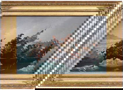 After Emanuel Gottlieb Leutze: (German/America, 1816-1868) Washington Crossing the Delaware, unsigned, bears old label fragment verso (see note below), oil on canvas, 12-1/8 x 18-1/8 in.; fine reproduction carved gilt wood frame, 1