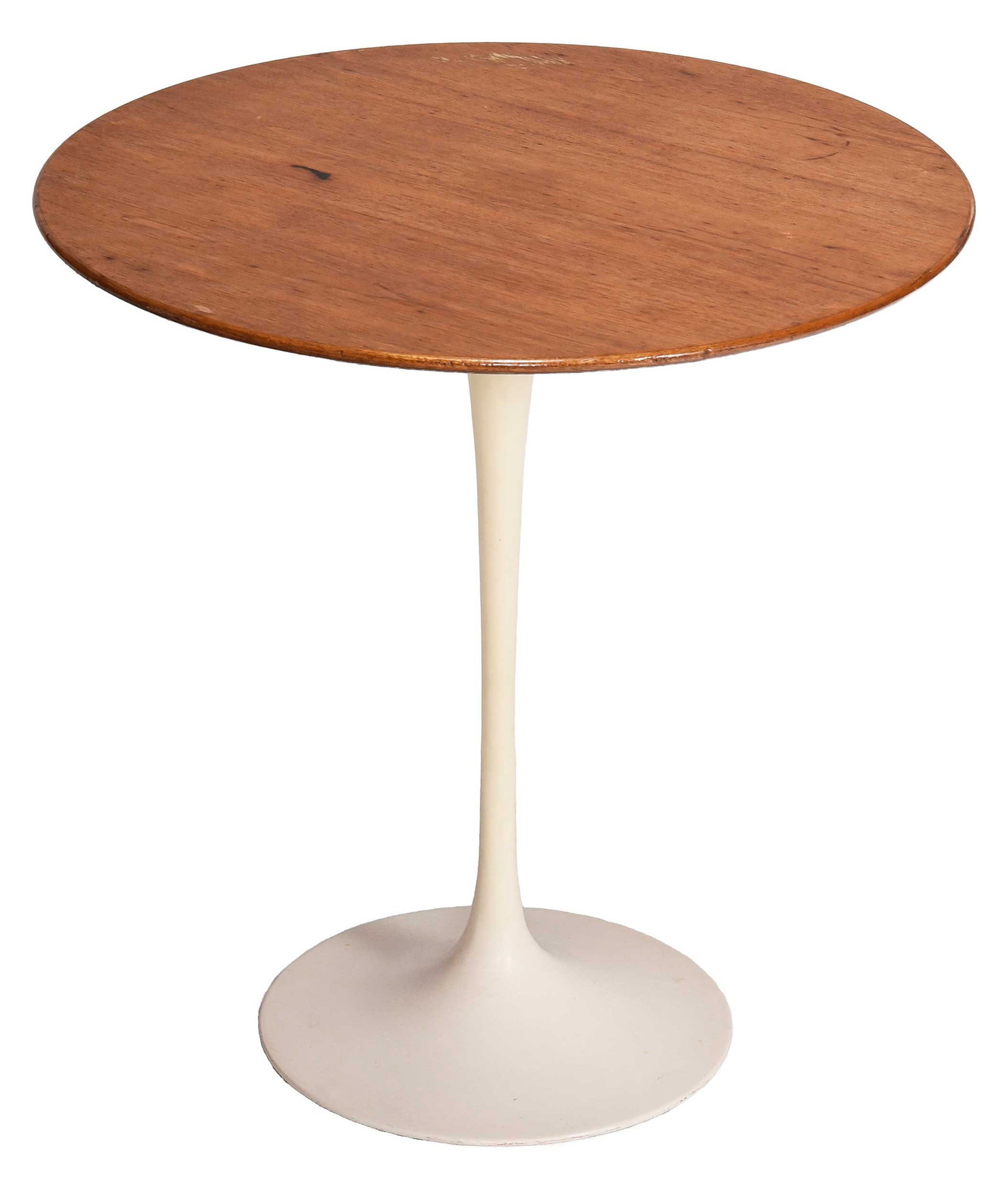 Mid Century Tulip Table Attributed to Saarinen: mid 20th century, metal white base with wooden veneered top, 20-1/2 x 20 x 20 in. Provenance: Private Collection