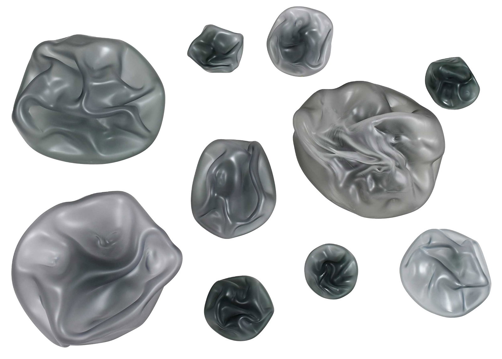 Amber Marshall Glass Wall Sculpture: (North Carolina/Missouri, 20th/21st century) Grey Pouffe Wall Sculpture, 10 pieces, the smallest 3-1/2 in., the largest 11-1/2 in. Provenance: Private Collection https://www.ambermarshallglass.com/pou