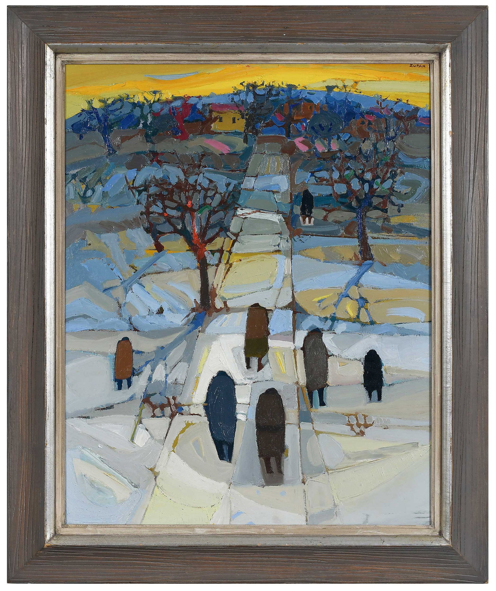 Bruno Stern Zupan, December Afternoon: (Georgia/Slovenian, born 1939) Figures in a Winter Landscape, oil on linen, 30 x 24 in.; reverse profile distressed and parcel gilt wood frame, 37-1/4 x 31-1/4 x 1-3/4 in. Provenance: Private Collecti