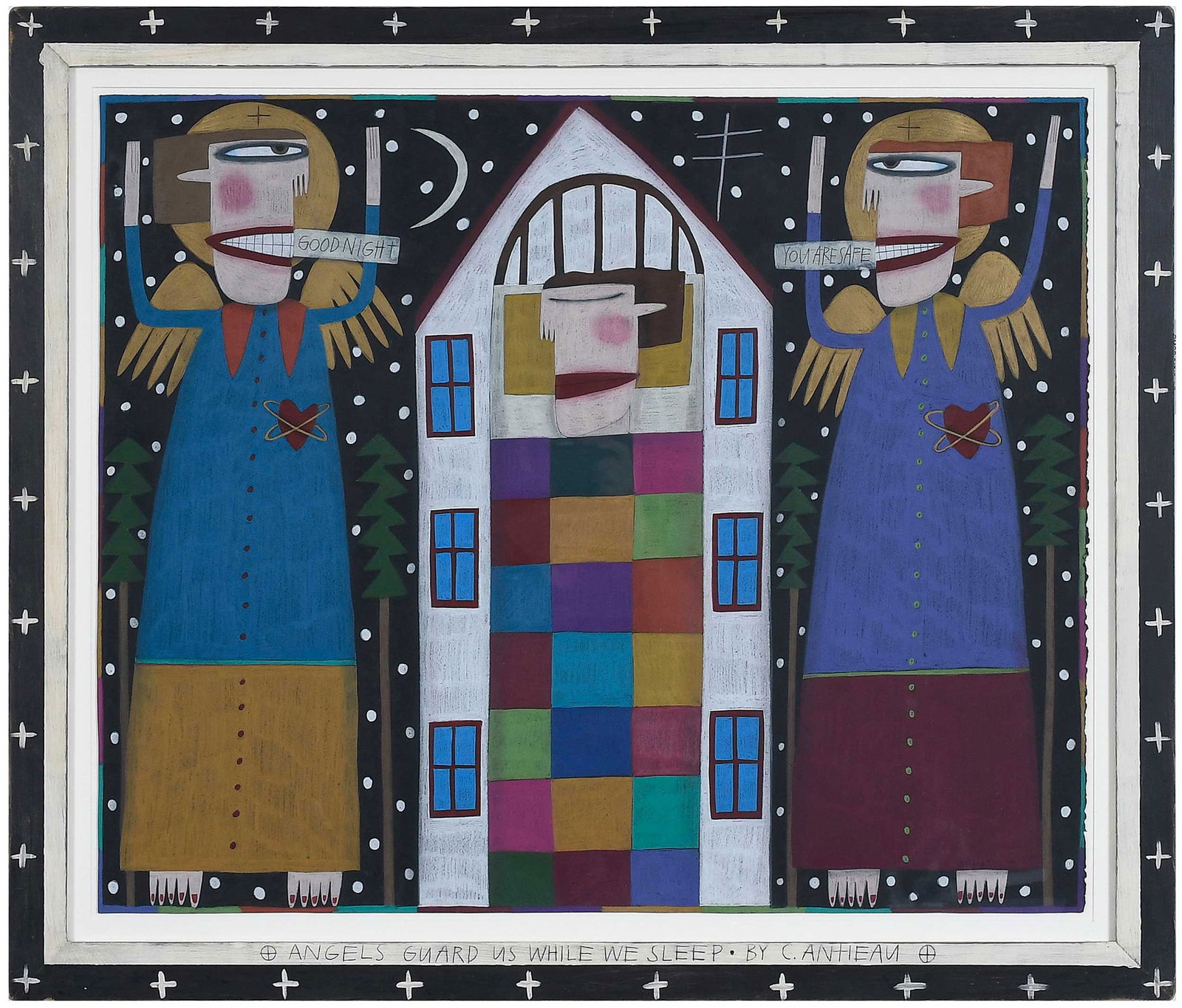 Chris Roberts Antieau: (American, born 1950) Angels Guard Us While We Sleep, signed on frame "C.Antieau", pastel crayon drawing on paper, 27-1/2 x 33-1/2 in.; artist painted frame, 33-1/2 x 39-1/2 in. Provenance: Private Co
