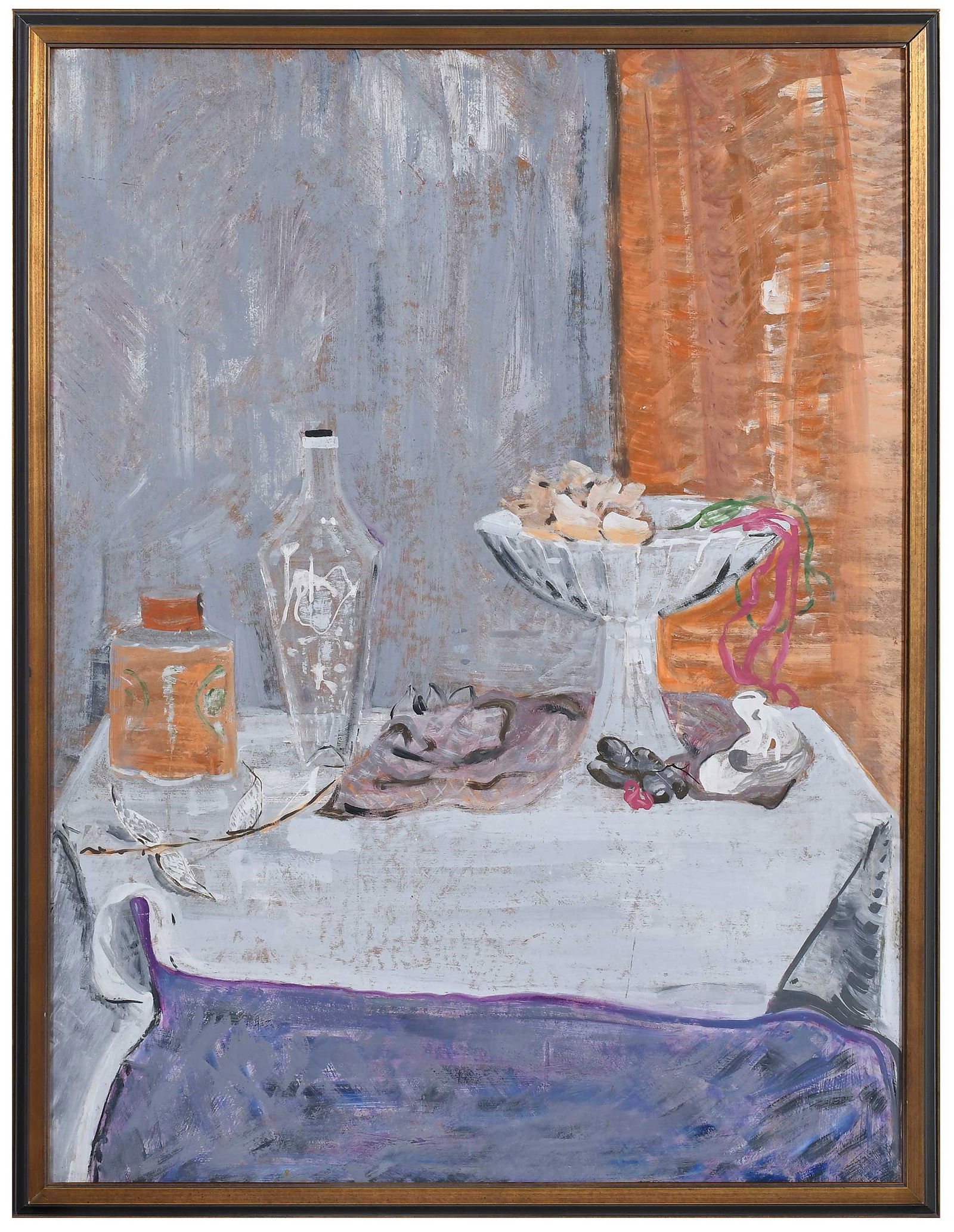 Pearl Heyman, Still Life on Table: (American, 20th/21st century) Fruit and Vessels on a Tabletop, unsigned, oil on Masonite, 47-3/4 x 36 in.; painted wood frame, 51 x 36 x 1-1/2 in. Provenance: Private Collection