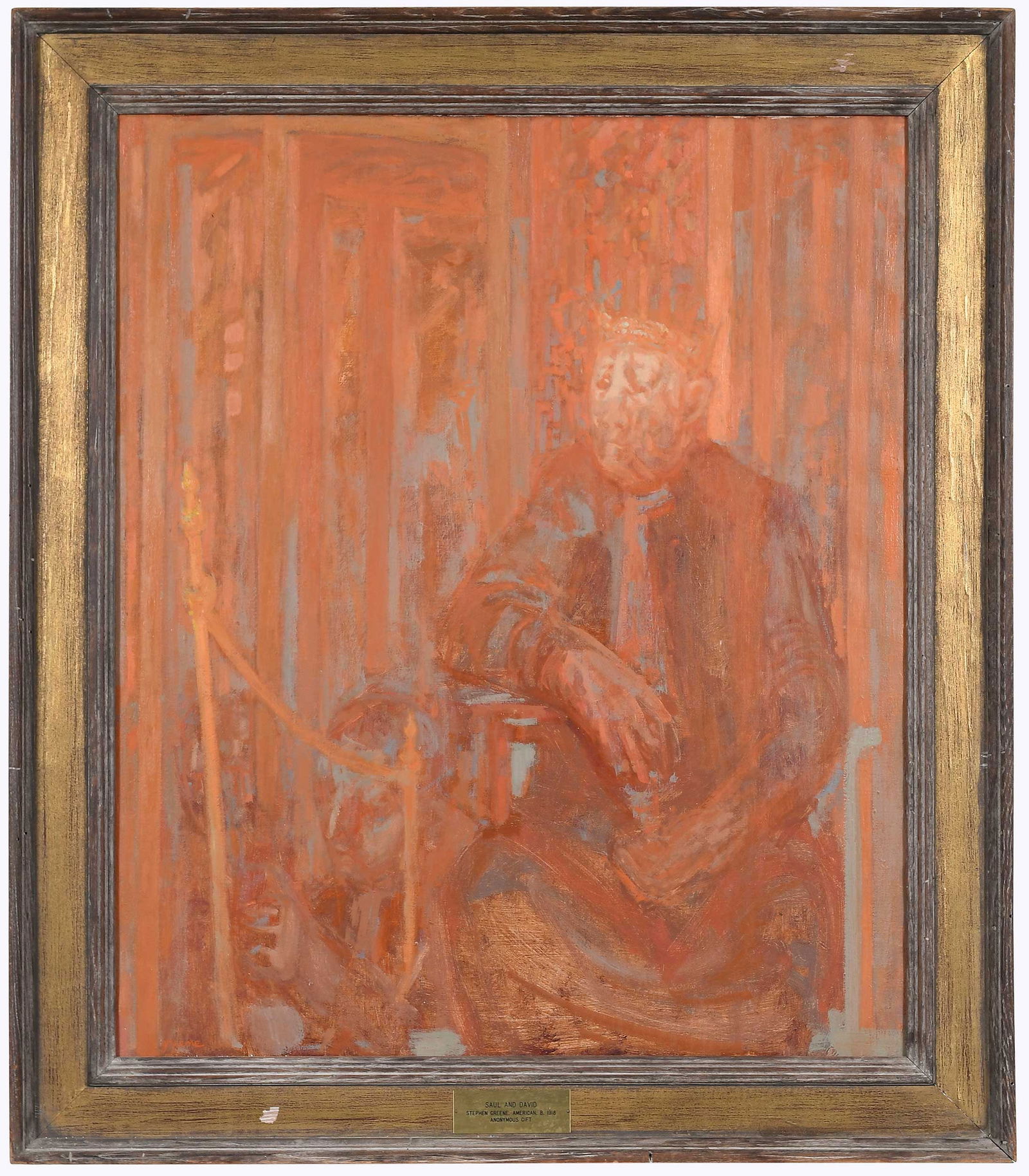 Stephen Greene: (New York, 1917-1999) Saul and David, 1954, signed lower left "greene", signed verso on stretcher "S. Greene" and titled, oil on canvas, 33 x 27-7/8 in.; original parcel gilt and distressed wood frame