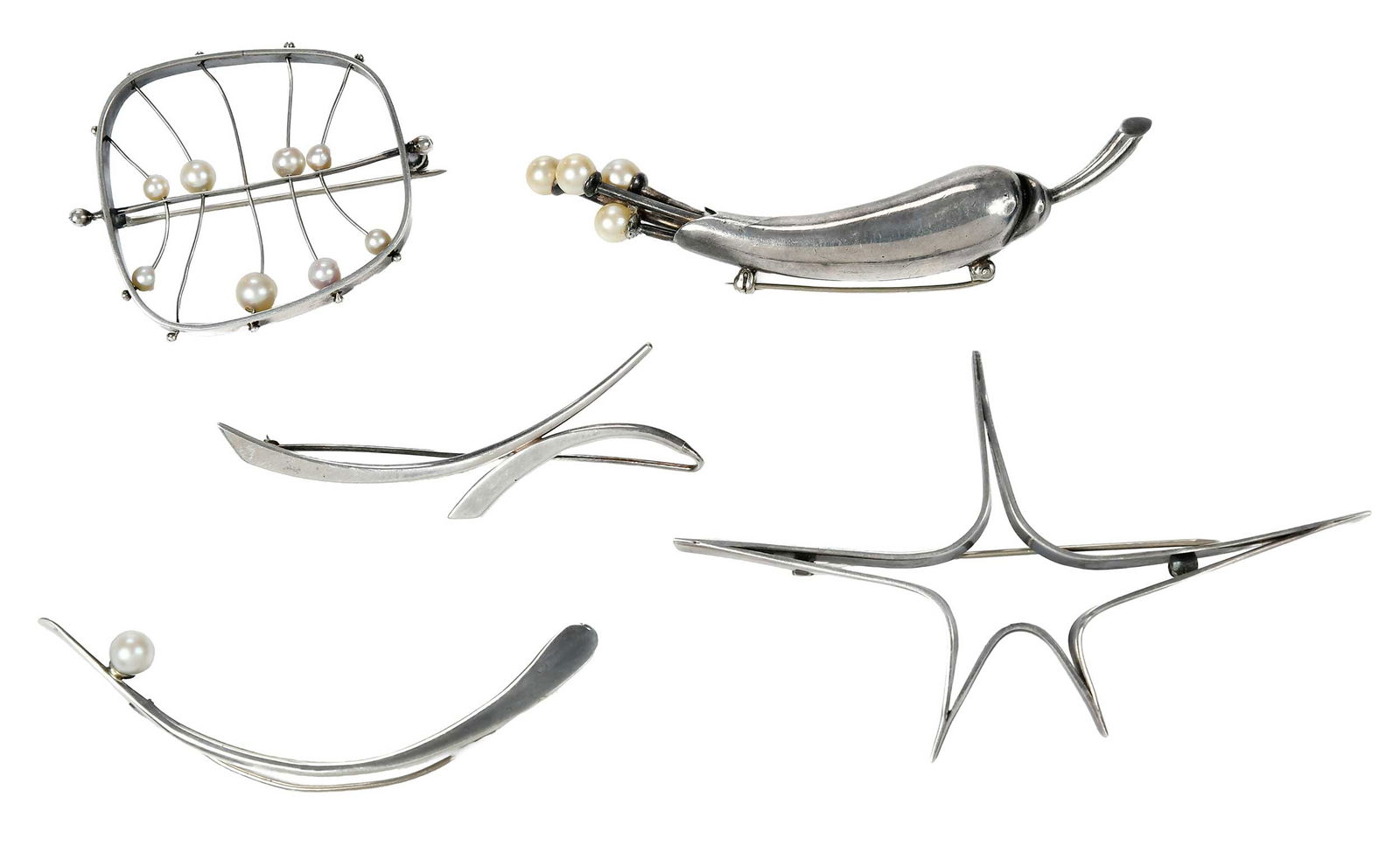 Five Modernist Sterling Silver Brooches; Three with Pearls (1 of 11)