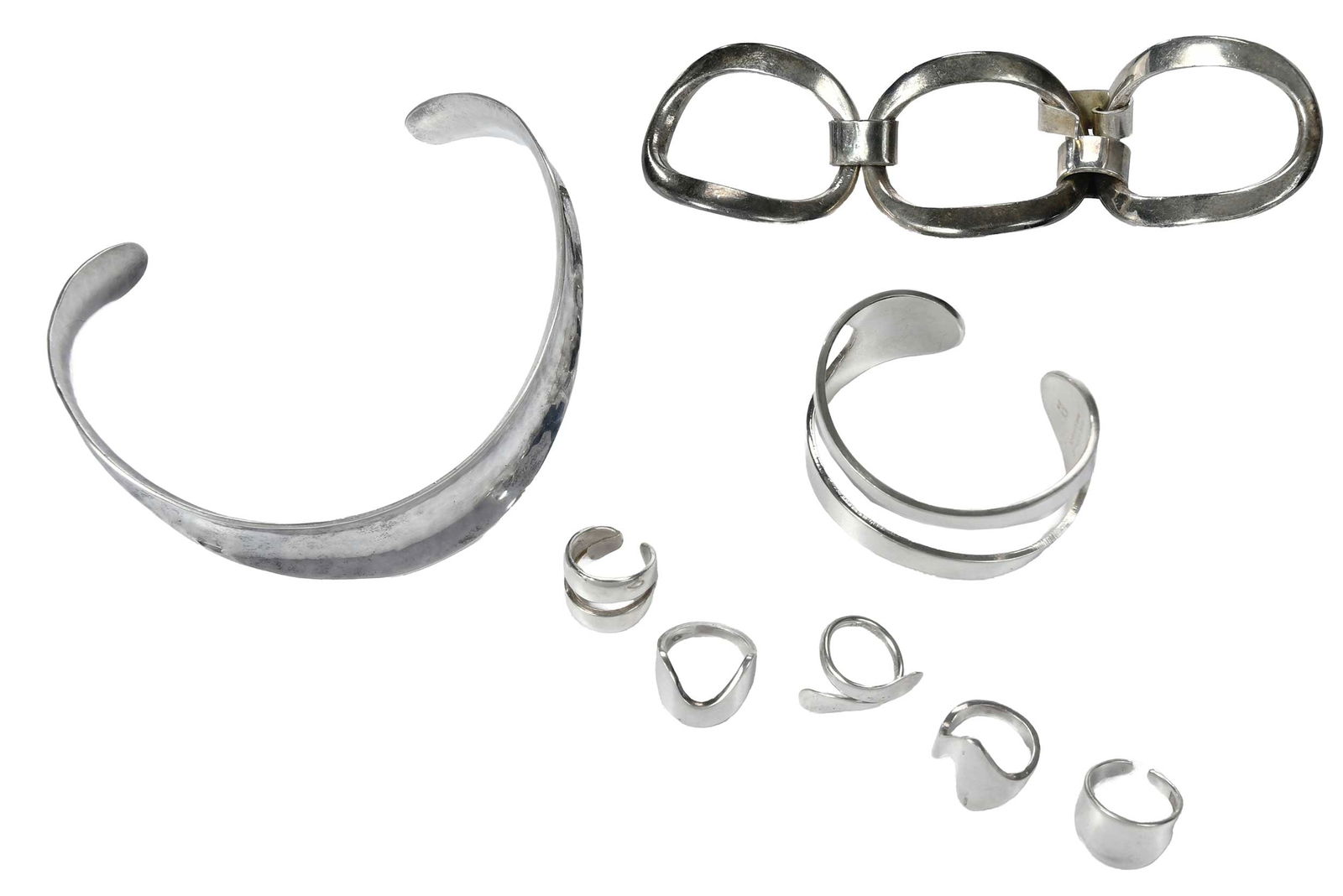 Sterling Silver Jewelry Denmark Designers - Collection of Seven: comprising: Jacob Hull, Erik Dennung, and Andreas Mikkelsen; concaved high polished ring stamped "Jacob Hull, DENMARK, STERLING", sterling silver, ring sz. 6, open shank, 13.0mm at widest point; conca