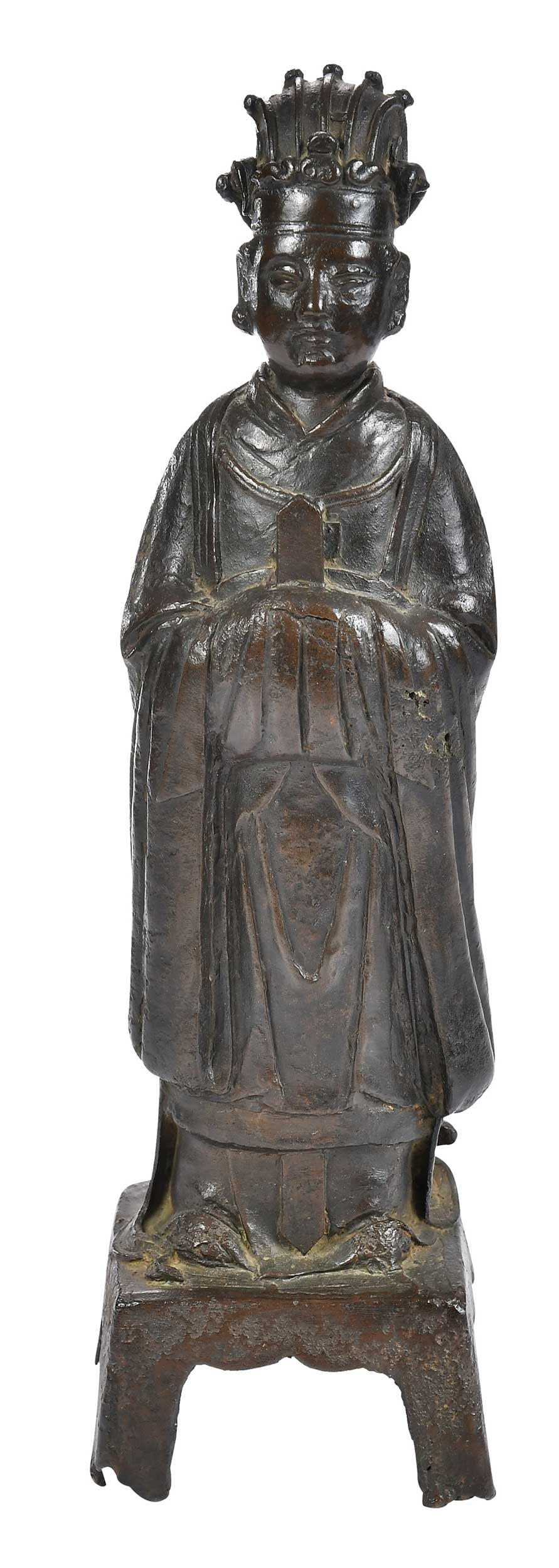 Chinese Bronze Daoist Deity Figure: probably Ming dynasty, in the form of a robed figure with elaborate headdress and holding hu tablet, possibly Wenchang Wang, Daoist God of Literature and Culture, base verso with faded inscription, 18