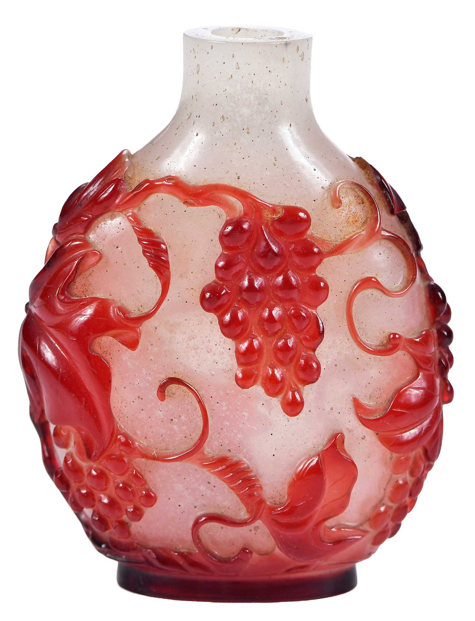 Peking Glass Snuff Bottle Red Overlay, Grape Decoration: round flattened form with white opaque ground with red overlay depicting meandering grape vines with leaves and bunches of grapes over a rocky outcropping, 2-1/2 x 2 x 1 in. Provenance: Dr. Stanley Sh