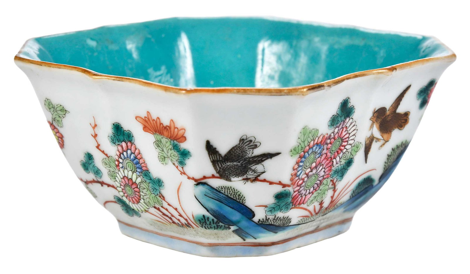 Chinese Enameled Porcelain Rice Bowl: octagonal bowl with iron red reign mark of the Qianlong Emperor, enameled with birds and flowers, 2-1/4 x 5-1/4 x 5-1/4 in. Provenance: Collection of Isabel Johnston, Macon, Georgia, and Pamela Johnst