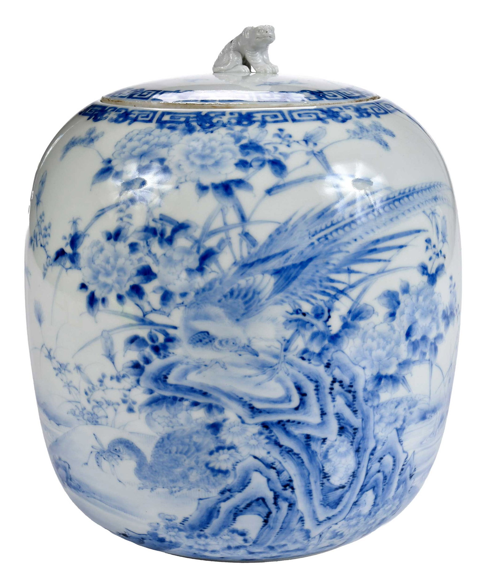 Japanese Hirado Blue and White Porcelain Mizuhashi: late 19th century, mizuhashi/water jar, blue and white riverscape scene with pheasant, lid with fu lion finial, 9-1/2 x 8 in. diameter Provenance: Sotheby's, March 21 2000, Sale 7436, Japanese and Kor
