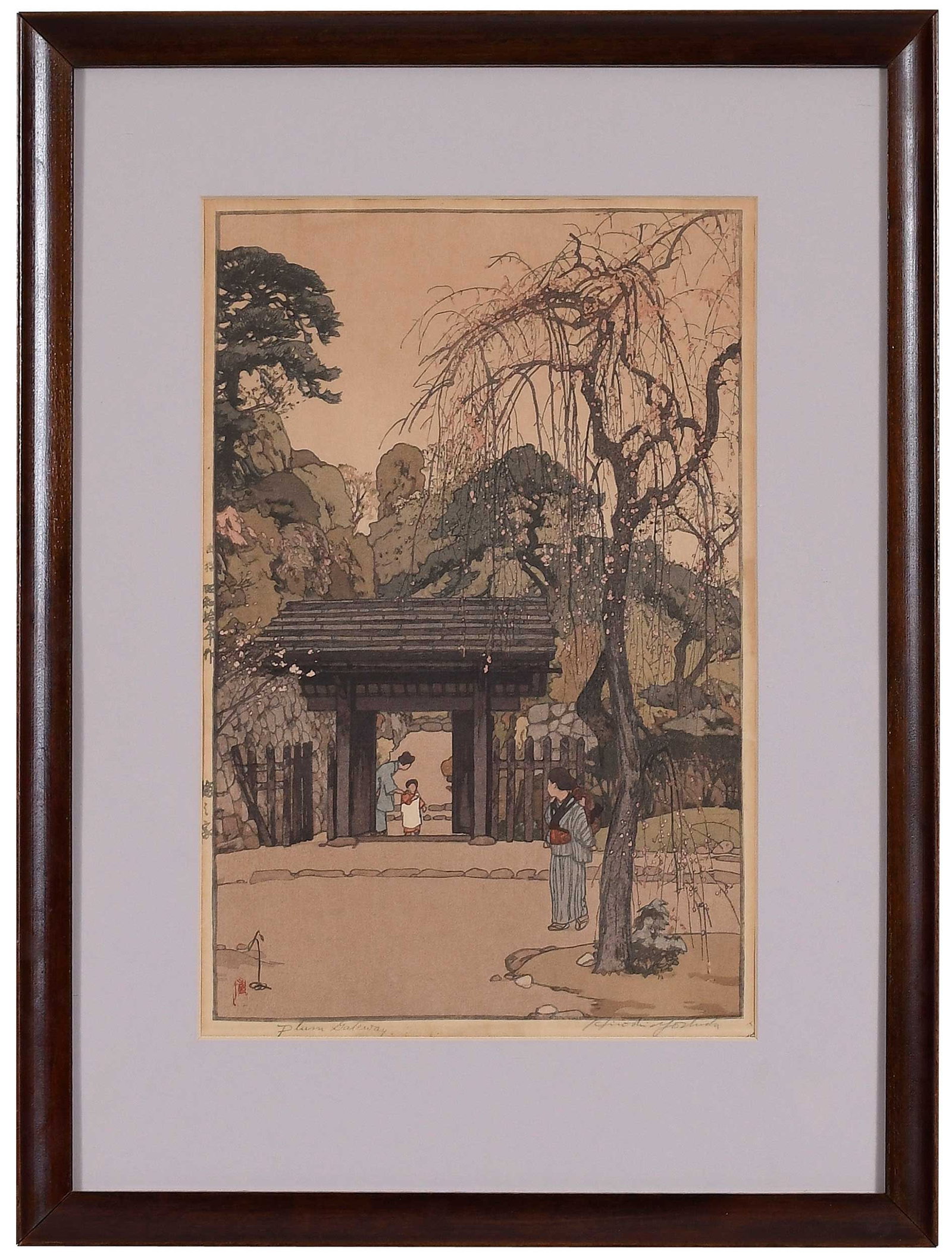 Hiroshi Yoshida: (Japanese, 1876-1950) Plum Gate, titled and signed "Hiroshi Yoshida" in graphite lower margin, artist's signature and seal lower left, jizuri seal left margin, woodblock print, sheet 16 x 10-5/8 in. P