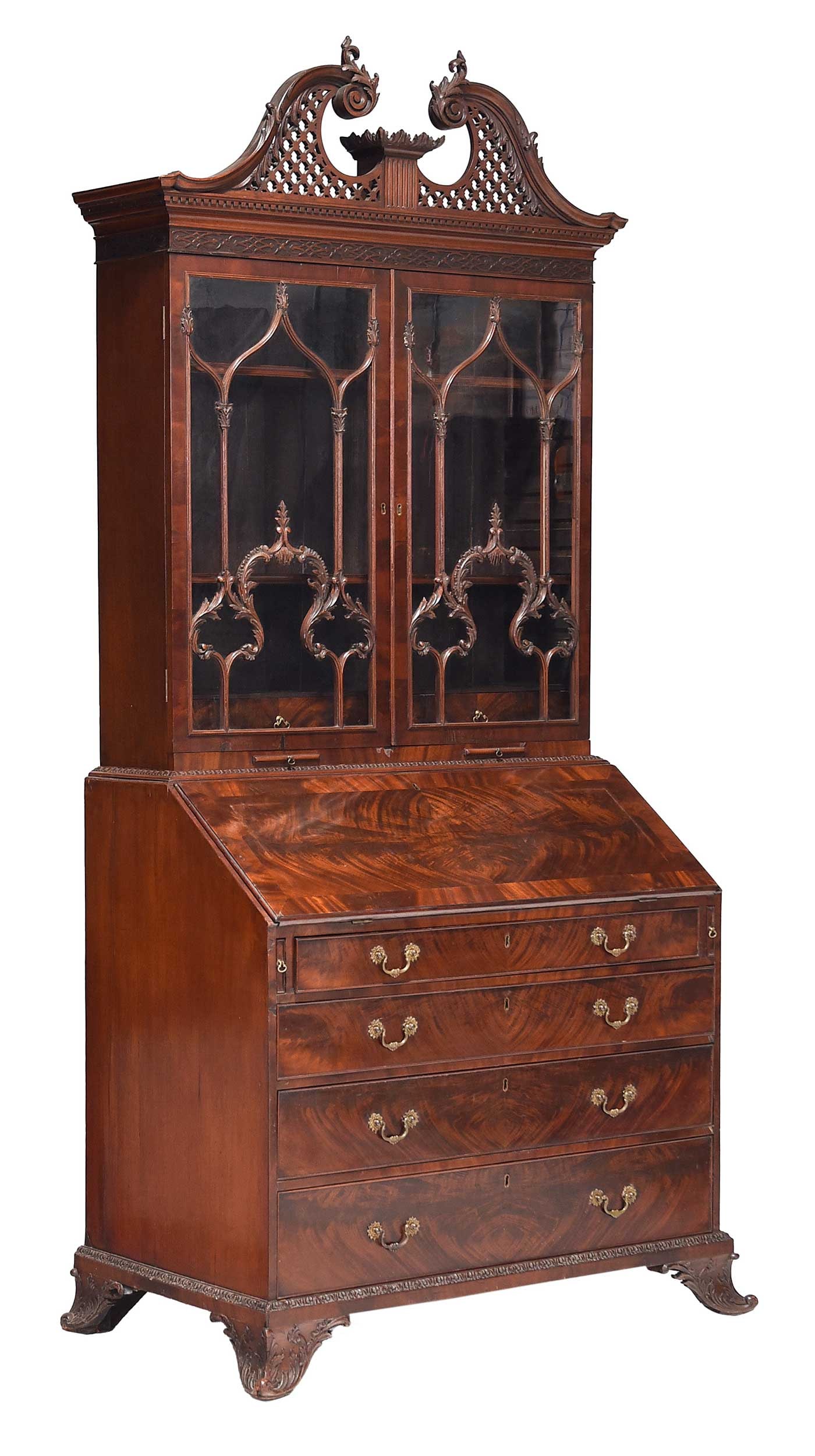 Chinese Chippendale Style Carved and Figured Mahogany Desk and Bookcase (1 of 20)