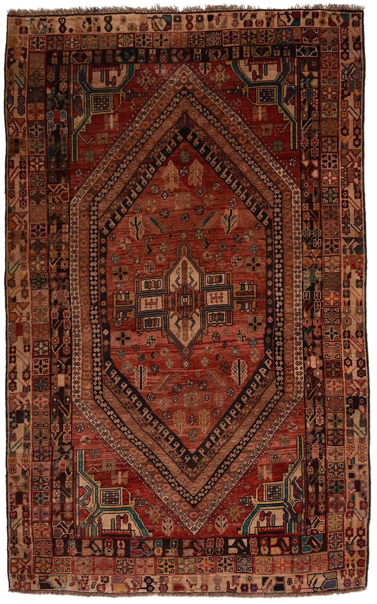 Persian Rug: 20th century, central diamond shaped medallion, central polygonal medallion with leaf and floral design, multiple geometric borders, "Made in Iran" tag, 8 ft. 5 in. x 5 ft. 1 in. Provenance: Collectio