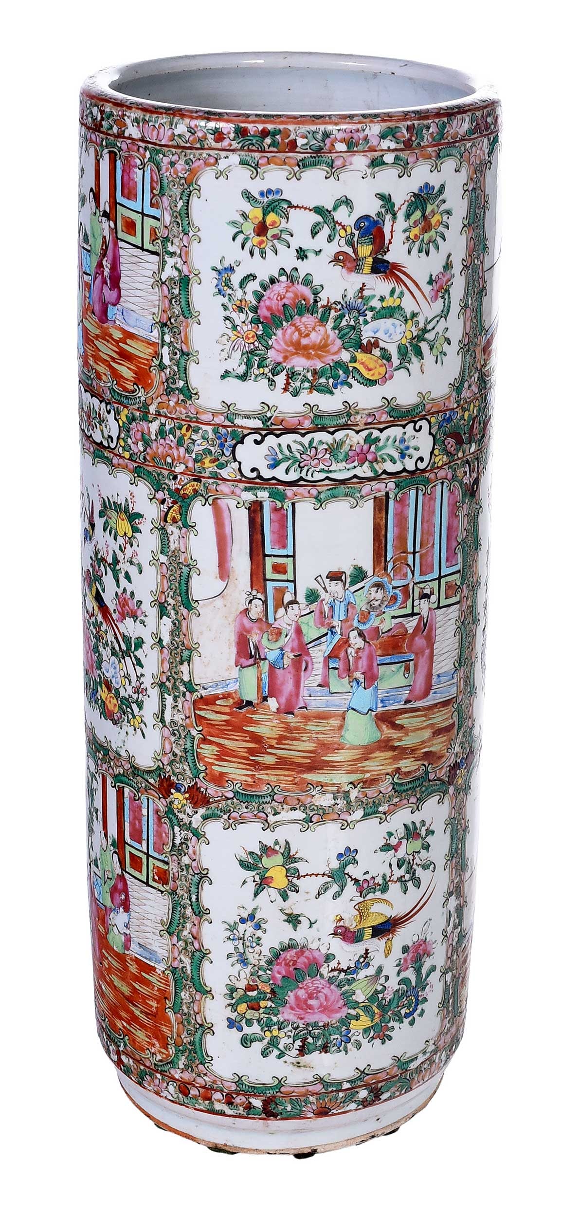 Chinese Export Rose Medallion Porcelain Umbrella Stand: late 19th/early 20th century, in enamel and gilt decoration of vines, butterflies, bats, and flora separating panels of birds and scholars 24-3/8 x 9-1/8 in. diameter Provenance: Collection of JoAnn a