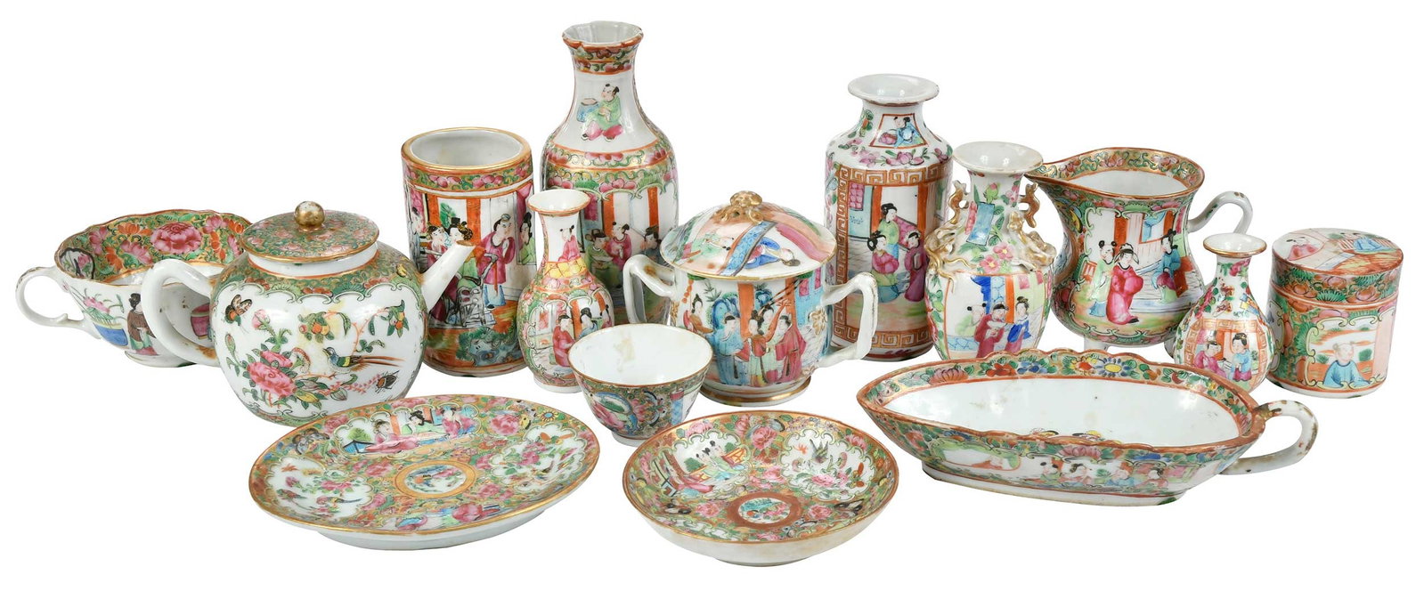 27 Small Chinese Export 'Canton Famille Rose' Porcelain Table Objects: 19th century, comprising Rose Mandarin and Rose Medallion examples, all with gilt decoration, some with Greek key pattern, eight vases of varying forms; two bulbous teapots; sugar bowl with lid; three