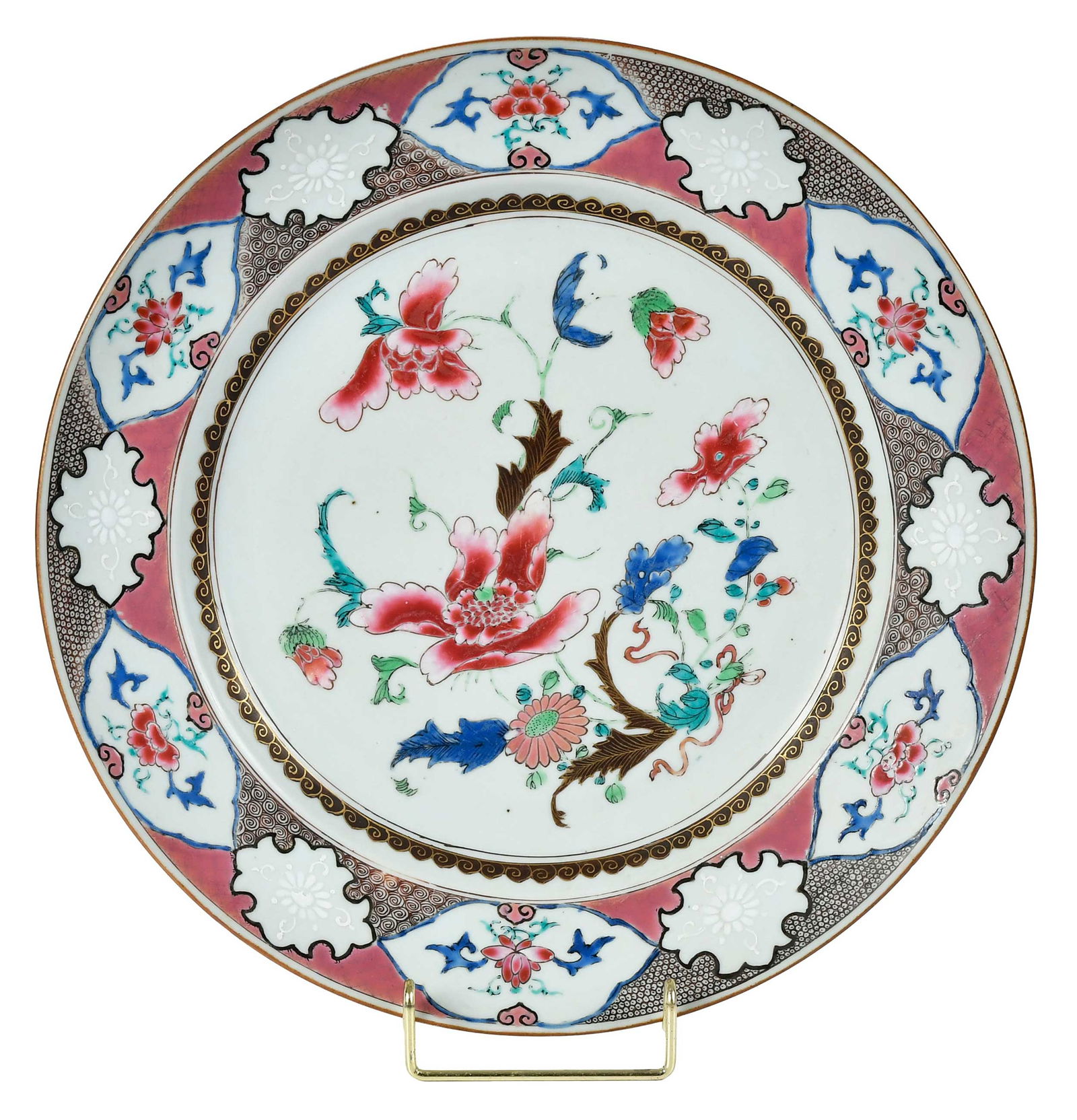 Chinese Export Famille Rose Porcelain Charger: circa 1740, having central pink flowers, within pink and geometric pattern border, 1-3/4 x 12-1/2 in. Provenance: According to consignor notes, purchased from Henry Moog Antiques, Atlanta, Georgia, Ju