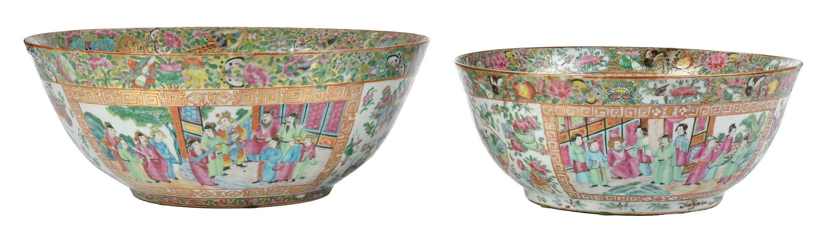 Two Chinese Export 'Canton Famille Rose' Porcelain Punch Bowls: 19th century, larger porcelain bowl with decorated panels of figures in courtly scenes, one exterior panel showing a prisoner in hand restraints, gilt panels with florals, birds, and butterflies, gilt
