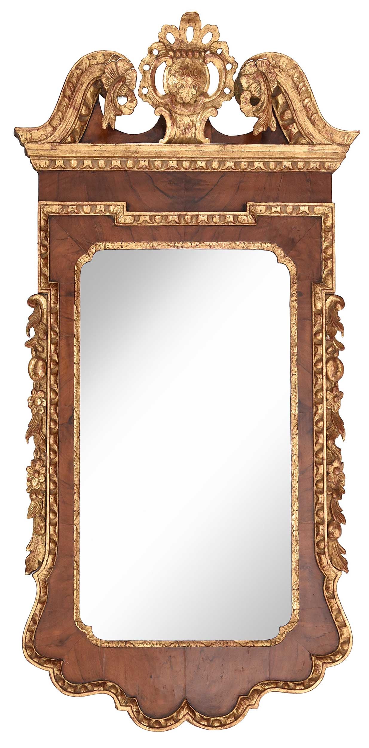 George II Figured and Book Matched Walnut and Partial Gilt Mirror (1 of 5)