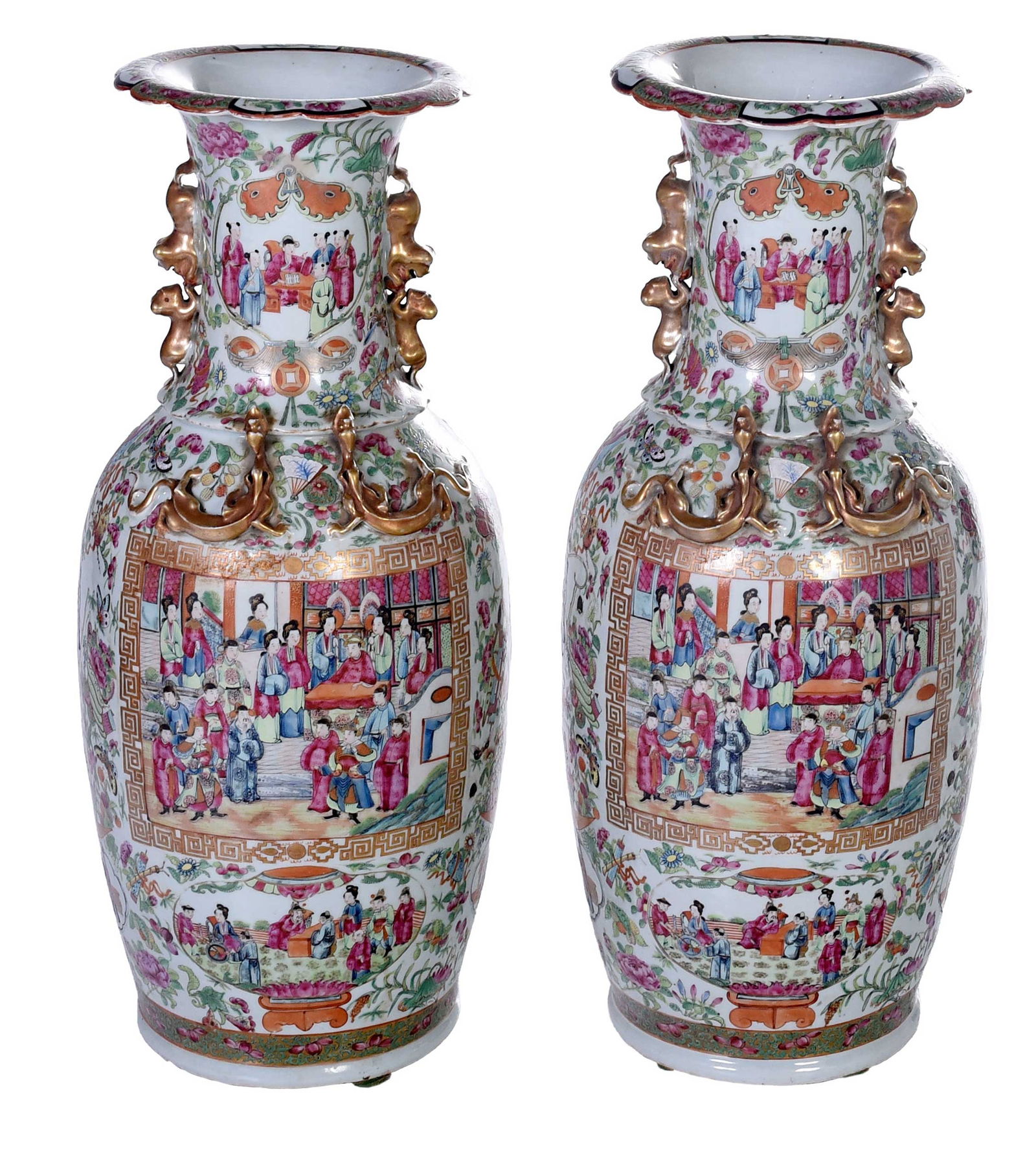 Pair of Chinese Export 'Canton Famille Rose' Porcelain Floor Vases with Gilt Chilongs (1 of 14)