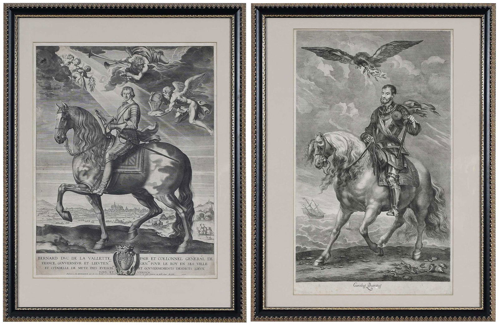 Two Equestrian Engravings of Nobility: (Continental, 17th/18th century) Michel Lasne (French,1590-1667), engraver, after Jacques Callot (1592-1635), Bernard de Nogaret de La Valette, sheet 21 x 16-3/8 in.; Cosimo Mogalli, engraver, after S