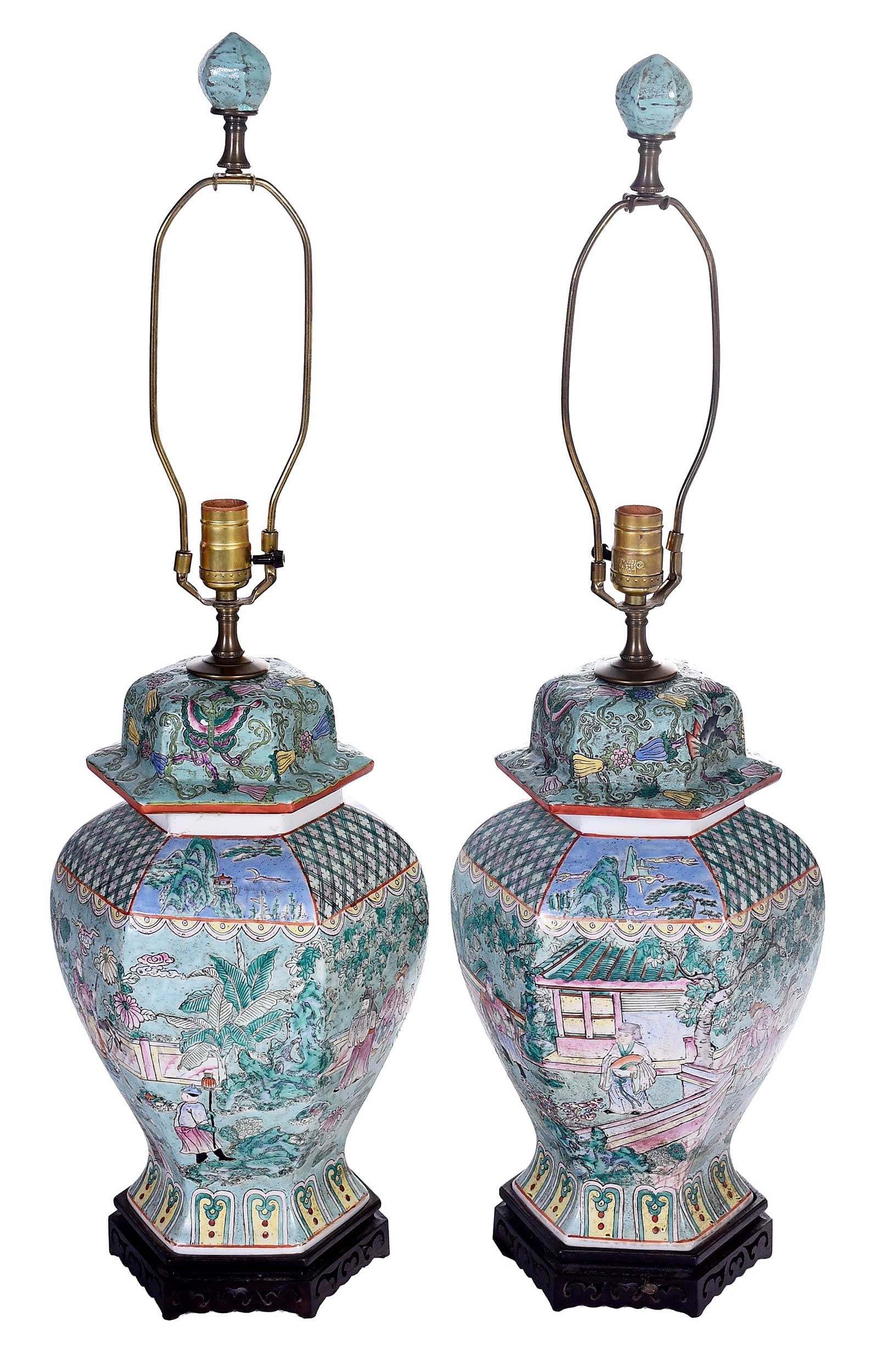 Pair of Chinese Export Famille Verte Faceted Porcelain Lamps (1 of 9)