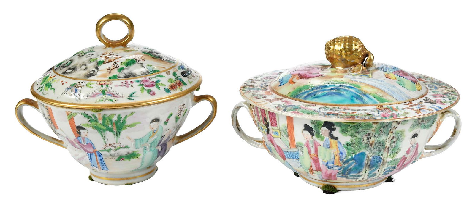 Two Chinese Export Rose Mandarin Porcelain Covered Soup Bowls (1 of 12)