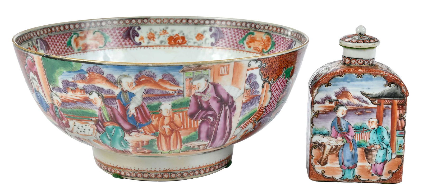 Chinese Export 'Mandarin Palette' Porcelain Tea Caddy and Punch Bowl (1 of 17)