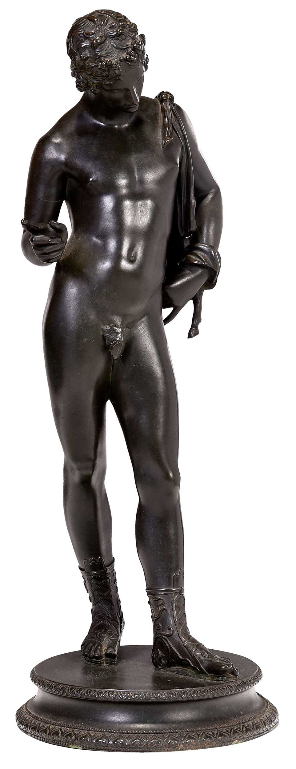 Grand Tour Bronze of Narcissus: (Italian, late 19th/20th century) after the Greek antique by Praxiteles found at Pompeii, patinated bronze, 25 x 9 x 9 in. Provenance: Collection of JoAnn and Whit Whitley, North Carolina Notes: Excav