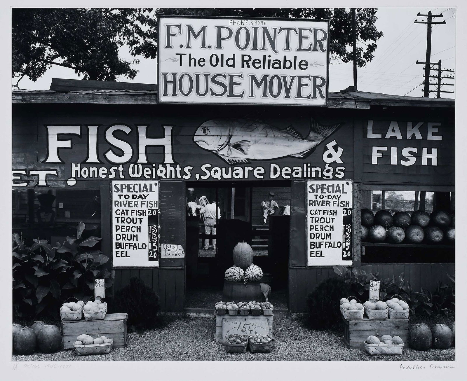 Walker Evans: (American, 1903-1975) Fish Market Near Birmingham, Alabama, 1936, printed later, signed on mount lower right "Walker Evans", editioned in pencil mount lower left "IX 97/100, 1936-1971", gelatin silver